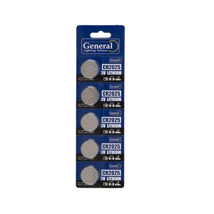 Батарейка General GBAT-CR2025 кнопочная литиевая 5шт в блист (800567) (5/100/2000)