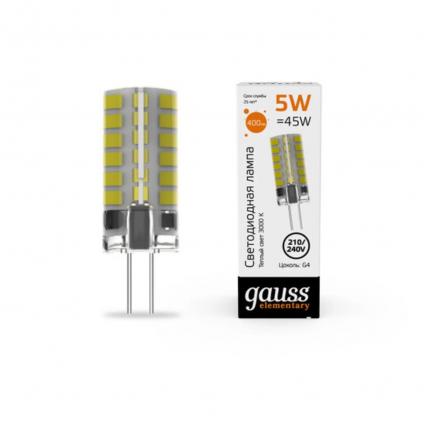 18015 Лампа Gauss Elementary G4 AC210-240V 5W 400lm 3000K силикон LED 1/20/200