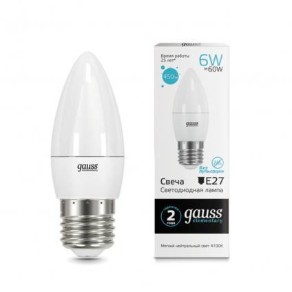 33226 Лампа Gauss LED Elementary Свеча 6W E27 450lm 4100K 1/10/50