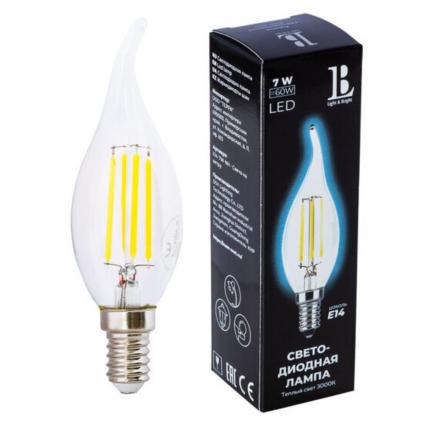 E14-7W-3000K Лампа LED (Свеча на ветру прозрачная Филамент) E14-7W-WW-flame filament