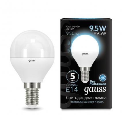 105101210 Лампа Gauss LED Шар E14 9.5W 950lm 4100K 1/10/50