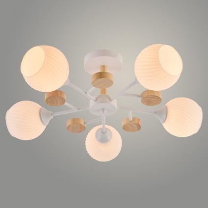 Люстра XA1580/5 WH+WOOD белый/дерево 5х60W E27 d610 h220, HN23